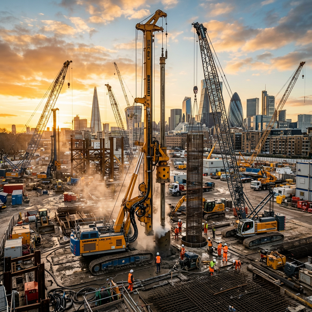 Maquinaria de cimentaciones profundas en acción